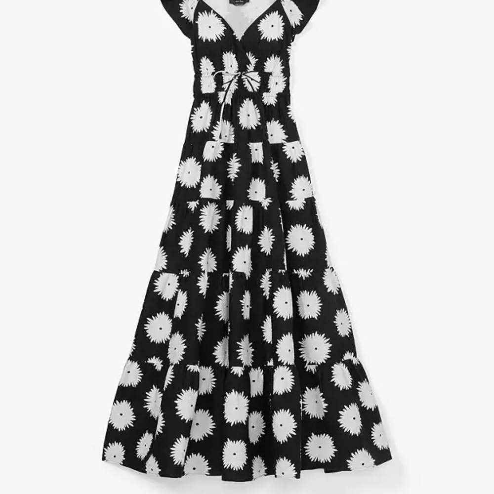 Kate Spade Pom Pom Floral Smocked Dress In Black/Cream Size Large
